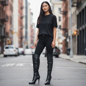 Women's 4.5 In. Stiletto Heel Black Platform Knee High‎ Boots Inside Zip Sz.37